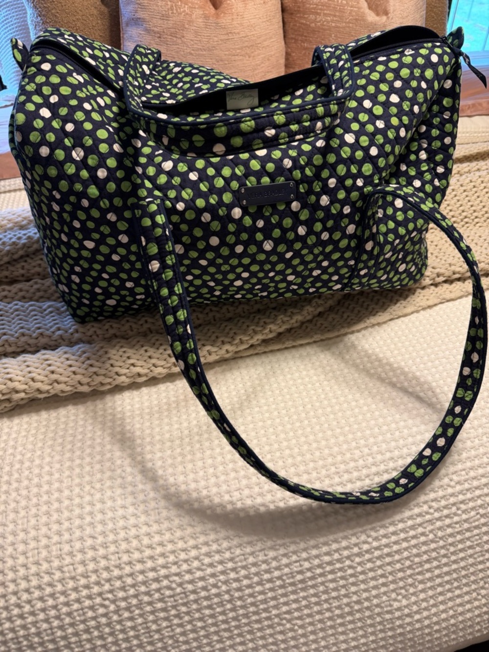 Vera Bradley Navy Quilted Duffle with Green and White Polka Dots